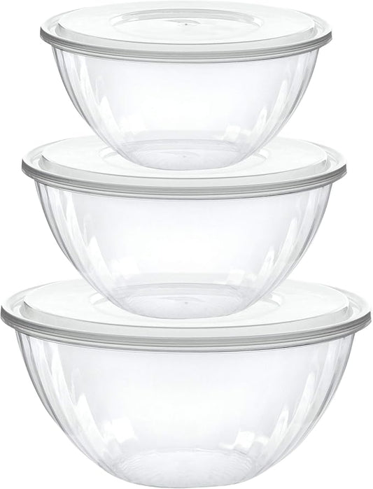 PLASTICPRO Disposable Combo Set of Salad Bowl With Lids Includes 4, 48 Ounce 4, 96 oz 4, 150 Ounce Round Crystal Clear Plastic Serving Bowl