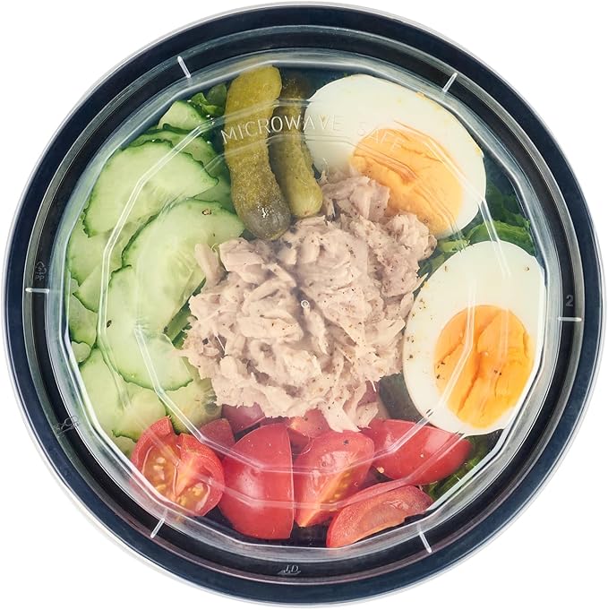 Restaurantware Asporto 16 Ounce To Go Boxes 100 Microwavable Take Out Food Containers - Clear Plastic Lids Included Do Not Contain BPA Black Plastic Catering Food Containers Disposable Round