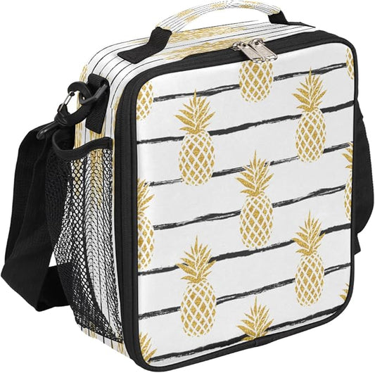 Golden Pineapple Kids Lunch Box Stripe Insulated Lunch Bag Tote for Girls Boys Cooler Freezable Meal Prep Bag with Shoulder Strap Waterproof Lunch Container for School Office Picnic