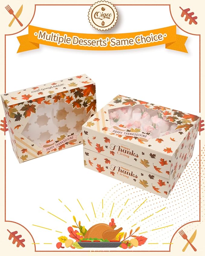 qiqee Thanksgiving 12 Cupcake Boxes with Window 16-Packs Cupcake Box 13"x10"x3.5" Cupcakes Carrier, 12 Cupcake Containers For Thanksgiving Day