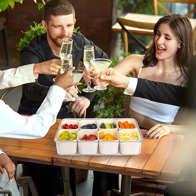 U-QE Dishwasher Safe Snackle Box Container with 8 Small Snacks Box - Premium Ivory Plastic Divided Serving Tray with Lid and Handle for Snack, Veggie, Fruits, Perfect for Party, Picnic, Entertaining