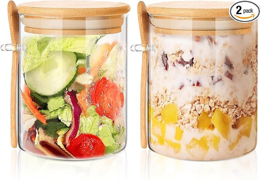 2 Pack 25oz Large Overnight Oats Containers with Lids, Overnight Oats Jars with Spoons, Glass Jars with bamboo Lids,salad jars with lids meal prep for Chia Seed Pudding Yogurt Cereal Coffee Flour