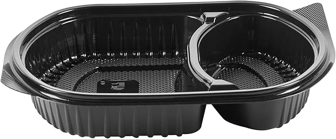 RW Base 28 Ounce Meal Prep Containers, 100 Microwavable To Go Containers With Lids - 2 Compartments, Disposable, Black Plastic Oval Food Containers, For Hot And Cold Food, Freezable - Restaurantware