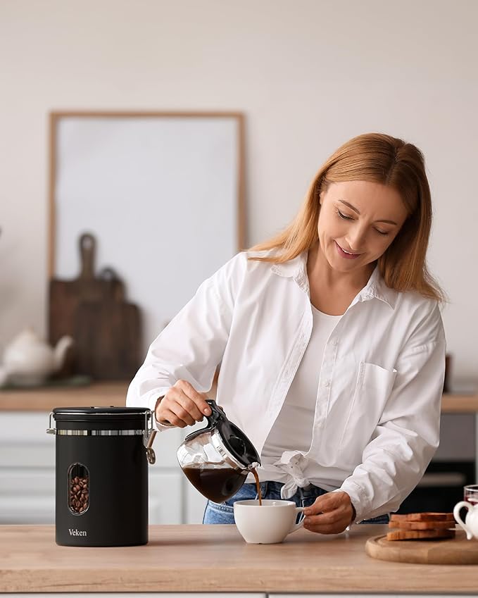 Veken 38oz Large Coffee Canister with Window, Airtight Stainless Steel, Kitchen Food Storage Container with Lids, Date Tracker and Scoop, Grounds Coffee Beans, Tea, Flour, Cereal, Sugar Jars, Black