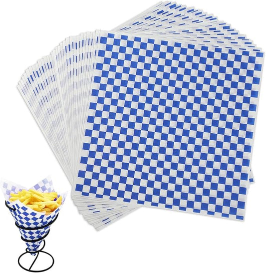 GeeRic Waxed Deli Paper Sheets 12 * 12 Inch, 100 Pcs Food Basket Liners for Sandwiches, Burgers, Checkered Deli Wrap Wax Paper Sheets Blue