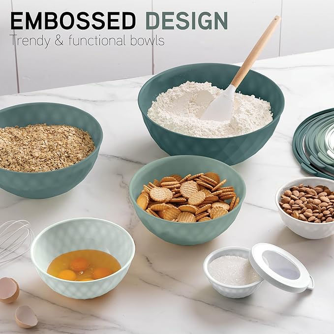 COOK WITH COLOR Mixing Bowls with Lids - 12 Piece Plastic Nesting Bowls Set includes 6 Prep Bowls and 6 Lids, Non Slip Bottom and Diamond Design - Microwave Safe (Mint)