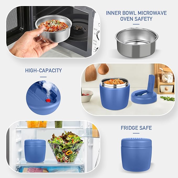 Thermo for Hot Food 32oz, Vacuum Insulated Food Jar for Adults, Stainless Steel Soup Thermo Wide Mouth Leakproof Lunch Containers with Spoon for School Office, Blue