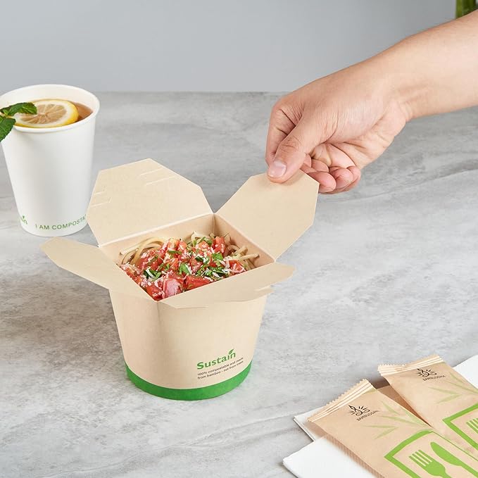 Restaurantware Sustain 26 Ounce Sturdy Paper Take Out Boxes, 50 Disposable Take Out Food Containers - With PLA lining, Compostable, Bamboo Paper Containers, Built-In Tab-Lock Cover, Greaseproof
