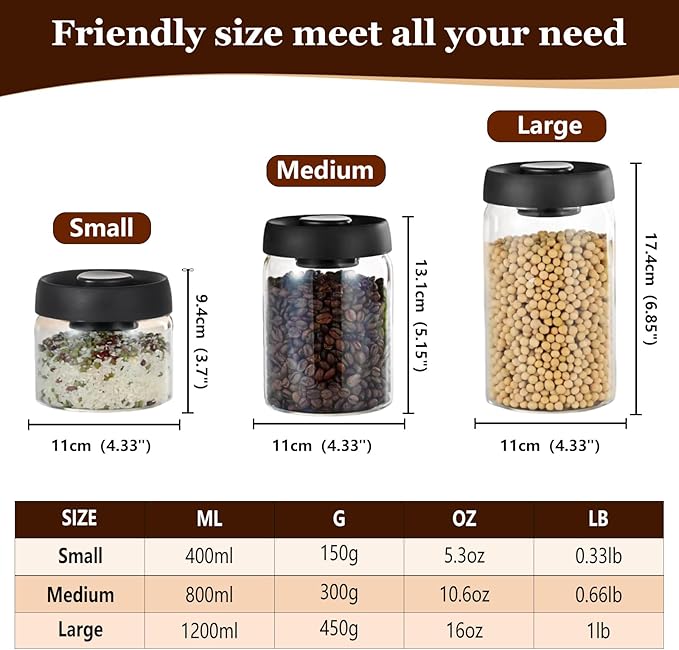 Vacuum Coffee Canister,Airtight Glass Jars Set for Kitchen Pantry,Coffee Bean Storage Container,Perfect for Ground Coffee,Loose Tea,Sugar(13+27+40floz)