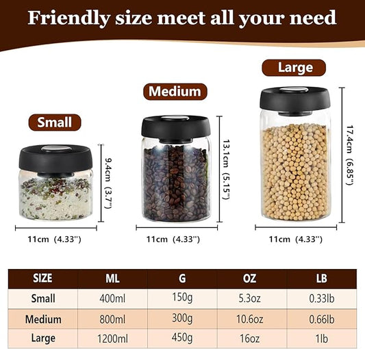 Vacuum Coffee Canister,Airtight Glass Jars Set for Kitchen Pantry,Coffee Bean Storage Container,Perfect for Ground Coffee,Loose Tea,Sugar(13+27+40floz)