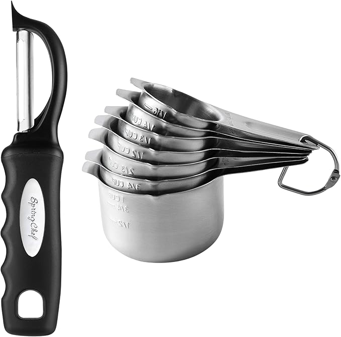 Spring Chef Premium Swivel Vegetable Peeler, Black & Stainless Steel Measuring Cups, Round, Set of 7-2 Product Bundle