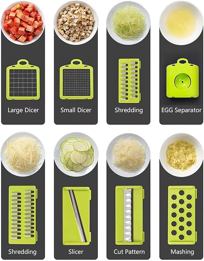Vegetable Chopper, Pro Onion Chopper, 16-in-1 Multifunctional Food Chopper and Slicer, with 8 Adjustable blades for Cutting Different Sizes and Shapes, Carrot Chopper with Container-Kitchen Essentials