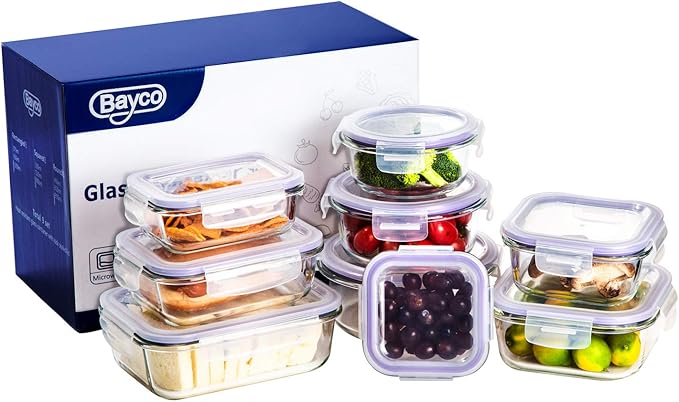 Bayco Glass Storage Containers with Lids, 9 Sets Meal Prep Container Airtight, Glass Food Storage Containers, Container Sets for Food Storage with Lids - (Purple)