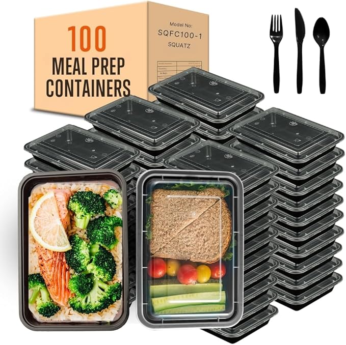 SQUATZ 100 Meal Prep Containers with Lids for Adults - 33oz, Microwave Safe, Reusable Food Storage, Freezer Safe, Leak-Free Lunch Container - Includes Utensils