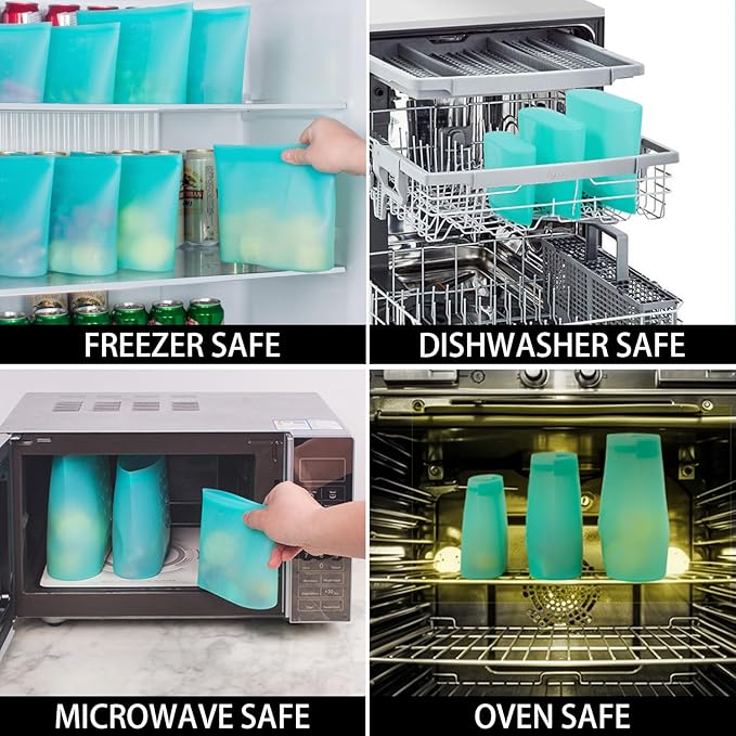 Reusable Food Bags, 12 Pack 100% Silicone Food Storage Bags Stand Up Zip Lock Container, Freezer Microwave Oven Dishwasher Safe, 4 Large 4 Medium 4 Small, Aqua