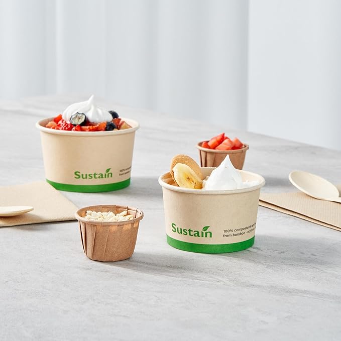 Restaurantware-Sustain 3 Ounce Paper Soup Containers, 50 Disposable Ice Cream Cups - Lids Sold Separately, With PLA lining, Bamboo To Go Hot Soup Bowls, Compostable, Greaseproof