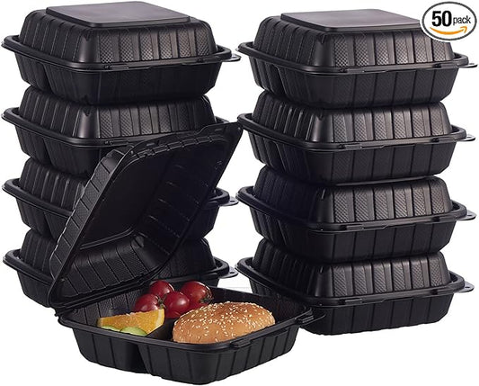 FULING [8x8-Inch, 50 Pieces, 3-Compartment Disposable To Go Box Containers, Plastic Clamshell Takeout Food Trays, Microwave Safe, Cut Resistantstable Hinged Lid, Hybrid Polypropylene, Black
