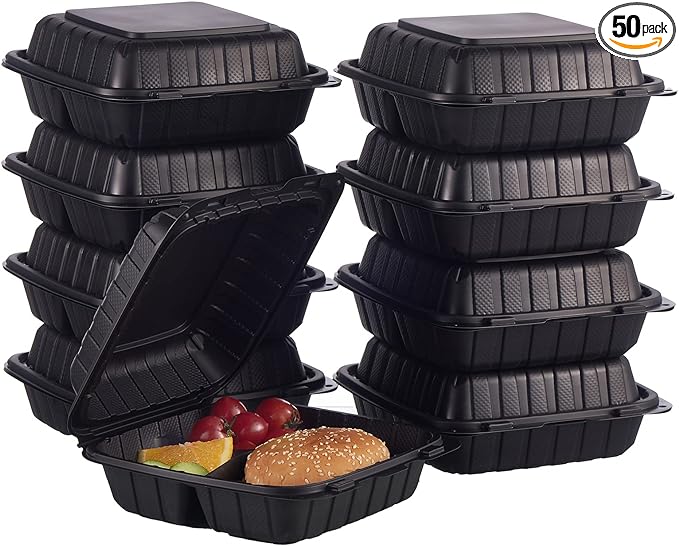 FULING [8x8-Inch, 50 Pieces, 3-Compartment Disposable To Go Box Containers, Plastic Clamshell Takeout Food Trays, Microwave Safe, Cut Resistantstable Hinged Lid, Hybrid Polypropylene, Black