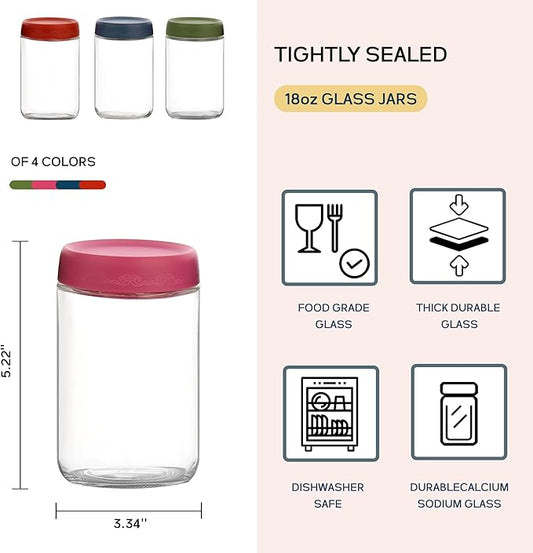 18 OZ Glass Food Jar Storage Containers with Airtight Lids, Reusable Wide Mouth Overnight Oats Glass Mason Jars for Snacks Yogurt Pudding(Multicolor 4pack-1)