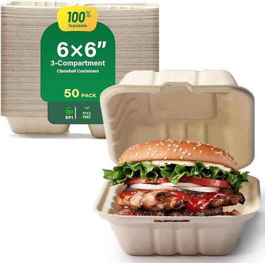 [6X6", 50-Pack] 100% Compostable Clamshell Food Containers for Takeout - Heavy-Duty Quality Assurance Crafted from Natural Disposable Bagasse of Sugar Cane Fibers, Truly Eco-Friendly& Biodegradable.