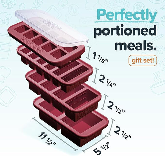 Souper Cubes Silicone Freezer Molds Gift Set with 2 Tbsp, 1/2, 1, and 2 Cup Silicone Freezer Trays With Lids - Meal Prep and Kitchen Essentials Bundle - Cranberry