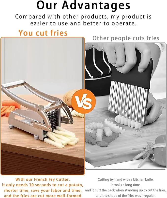 French Fry Cutter with 2 Blades, Potato Cutter, Professional Potato Cutter Stainless Steel, Potato Slicer for French Fries Vegetable Carrots Cucumbers, Stainless Steel French Fry Press