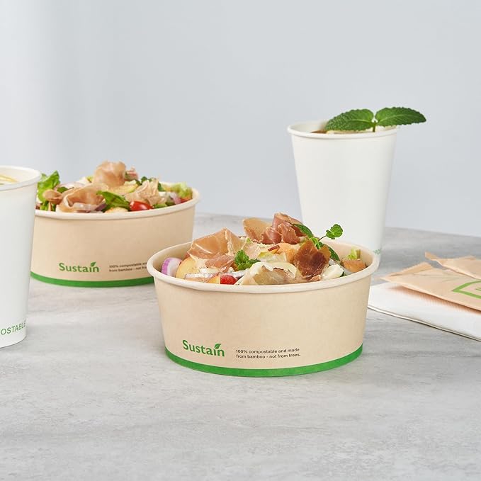 Restaurantware-Sustain 25 Ounce Sturdy Paper Take Out Boxes, 50 Round Take Out Food Containers - With PLA lining, Compostable, Bamboo Paper Containers, Disposable, Greaseproof