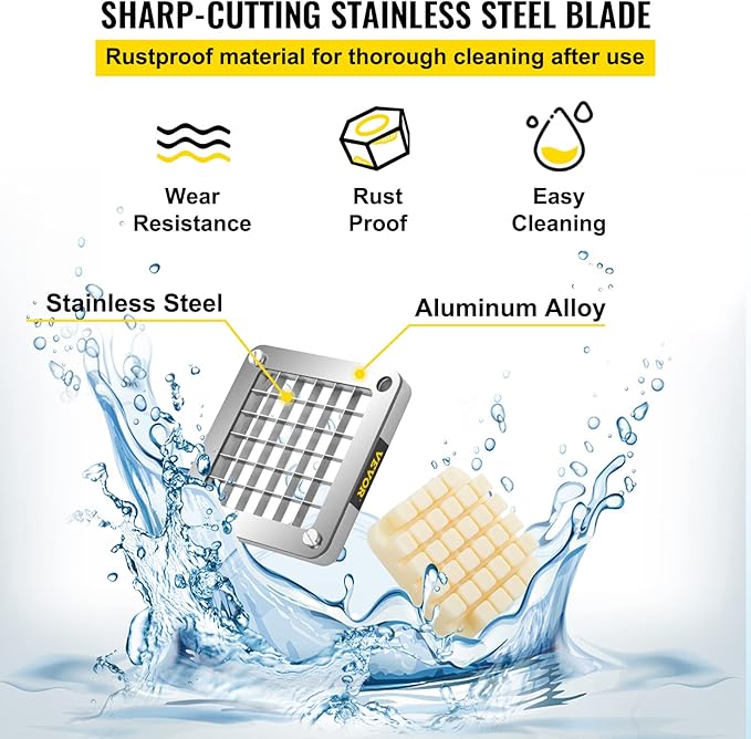 VEVOR Replacement Chopper Blade, 1/2 inch, 3 PCS French Fry Blade Assembly with 6 Extra Knives, Stainless Steel Dicer Parts and Push Block for Cutting Potatoes Carrots Onions Cucumbers Mushrooms