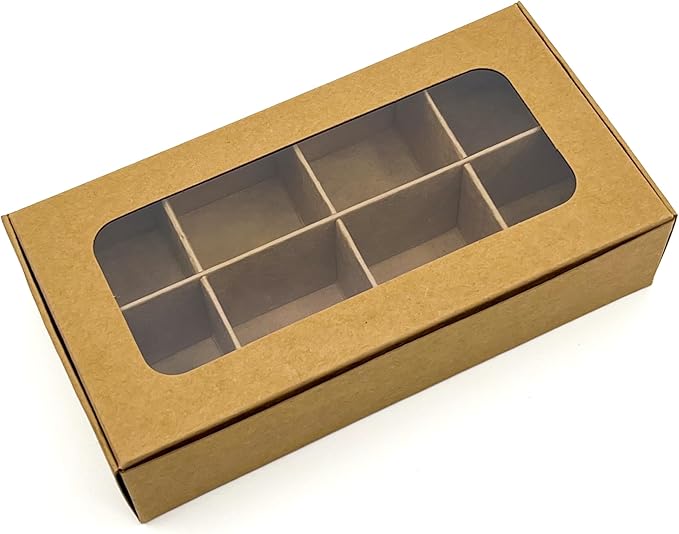 Treat boxes with window and dividers | 8 X-SMALL compartments | 6.75 x 3.5 x 1.57 in | Empty candy boxes for gift giving, truffle box - perfect for Valentine's Day | 10-pack (Kraft)
