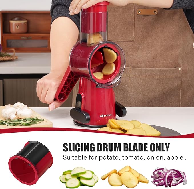 KEOUKE Manual Vegetable Chopper & Slicer - 2-in-1 Hand Crank Food Cutter with Cleaning Tools, Non-Slip Suction Base, Safety Pusher - Safe Effortless for Potato Carrot Onion - Red&Black