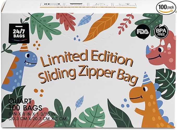 Quart Resealable Slider Food Storage Bags, 100 Count, Fun Designs, 4 Different Fun Patterns, Zero BPA, Lunch, Trips, Parties & More