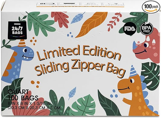 Quart Resealable Slider Food Storage Bags, 100 Count, Fun Designs, 4 Different Fun Patterns, Zero BPA, Lunch, Trips, Parties & More
