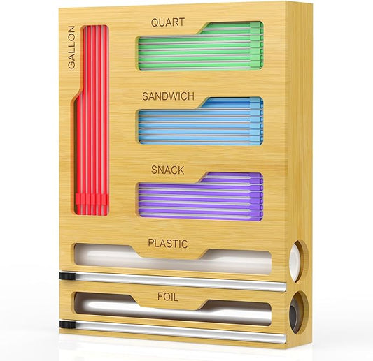 Bag Storage Organizer for Kitchen Drawer, 6 in 1 Foil and Plastic Wrap Dispenser with Cutter, Bamboo Plastic Bag Food Baggie Organizer for Gallon, Quart, Sandwich, Snack