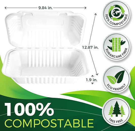 75 Pack 9”x6” Take Out Containers with Lids, EXTRA Sturdy To Go Food Containers, 100% Compostable Clamshell Take Out Containers, To Go Boxes for Food