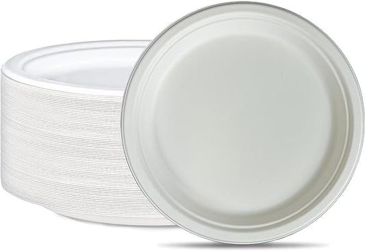 Pack of 125 Bagasse Natural Biodegradable Sugarcane Plate Compostable Round Heavy Duty Plates (9 inch)