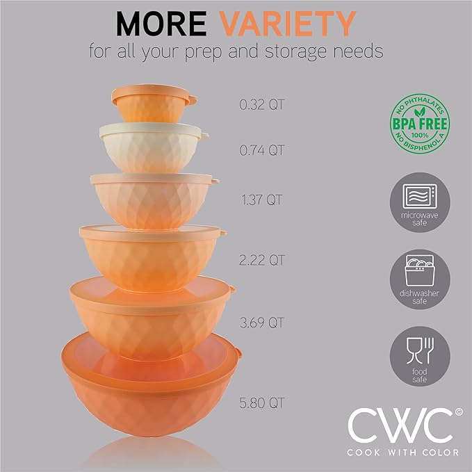 COOK WITH COLOR Mixing Bowls with Lids - 12 Piece Plastic Nesting Bowls Set includes 6 Prep Bowls and 6 Lids, Non Slip Bottom and Diamond Design - Microwave Safe (Mint)