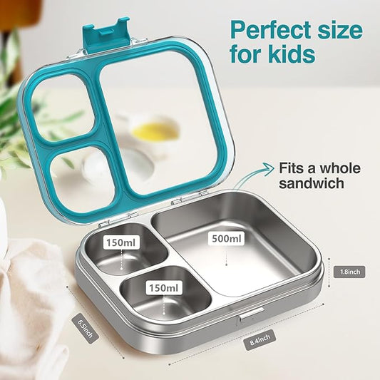 Stainless Steel Lunch Box, 3 Compartments Metal Bento Box for Kids Adults, Leak-Proof Lunch Box for School Office, Dishwasher Safe, BPA-Free, Tritan Lid, Blue