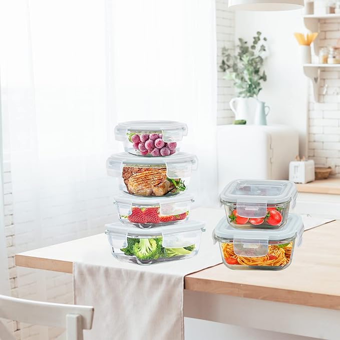 Glass Food Storage Containers with Lids Airtight 6 Pack, Glass Storage Containers with Lids for Food, Not Easy Broken & Leak Proof, Glass Containers with Lids for Oven/Dishwasher Safe, Grey