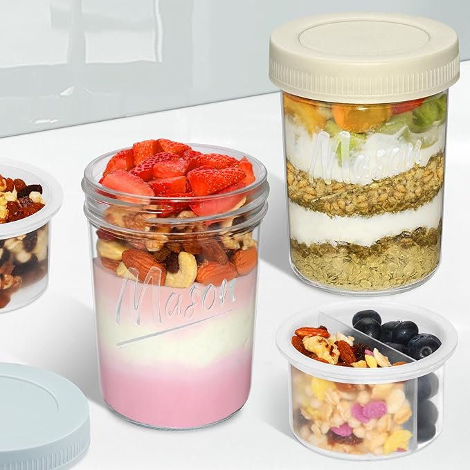 16 oz Overnight Oats Containers with Lids, 4-Pack Leak-Proof Wide Mouth Mason Jars & Separate Compartments for Fruits/Nuts, Airtight Glass Jars for Chia Pudding, Yogurt, Parfait and Salad