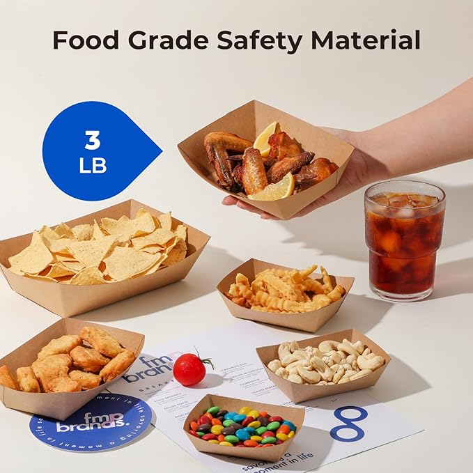 Fit Meal Prep [250 Pack 3 lb Paper Food Boats Heavy Duty Disposable Food Trays, Kraft Brown Nacho Tray for Parties Fairs Picnics Carnivals Holds Tacos Nachos Fries Hot Dogs Grease Resistant