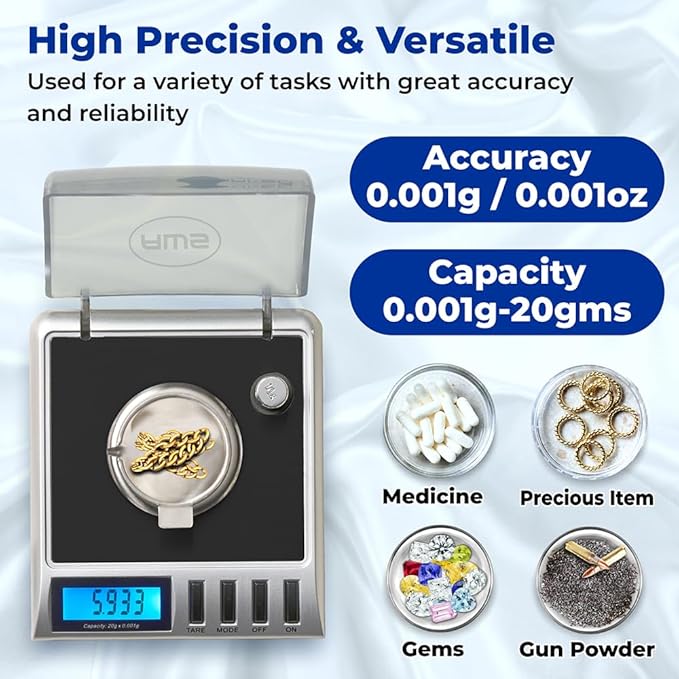 AWS Gemini-20 Milligram Scale 20g x 0.001g – Digital Jewelry/Lab Scale for Powder, Gold, Gems – Includes Calibration Weights, Tweezers & Tray – Tare, Cal, 6 Units, Pocket Size Mg Scale (Black)