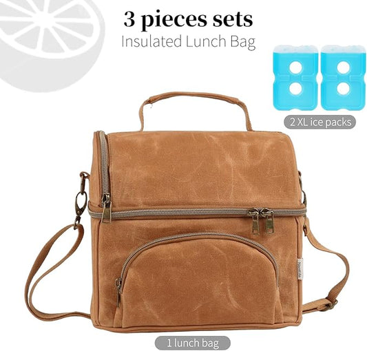 Lunch Box For Men with 2 XL icepacks Sturdy Waxed Canvas Lunch Bag for Men, Soft Cooler Bag for Construction Sites,Work,Picnic and Hiking12-Can(10.5L) 10"x9.5"x7" (Biscuit Yellow)