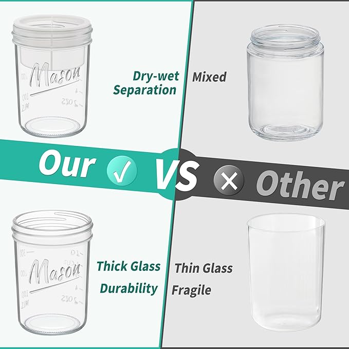 16 oz Overnight Oats Containers with Lids, 4-Pack Leak-Proof Wide Mouth Mason Jars & Separate Compartments for Fruits/Nuts, Airtight Glass Jars for Chia Pudding, Yogurt, Parfait and Salad