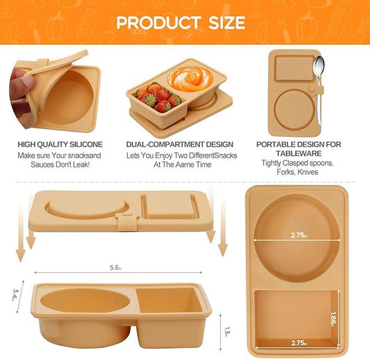 3 Pack Silicone Reusable Snack Containers with Lids, Double Compartment Snackle Box Containers, Salad Dressing Sauce Seasoning Container, Small Mini Food Snack Boxs for Travel, Office, Picnic,School