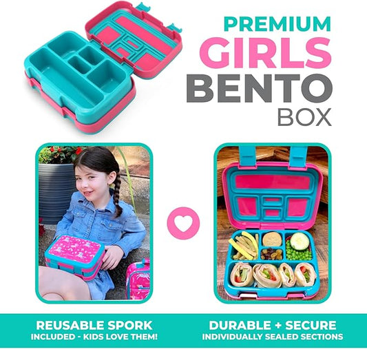 Unicorn Bento Lunch Box for Girls Toddlers, 5 Portion Control Sections, BPA Free Removable Plastic Tray, Pre-School Kid Toddler Girl Daycare Lunches, Snack Container Ages 3 to 7 Pink