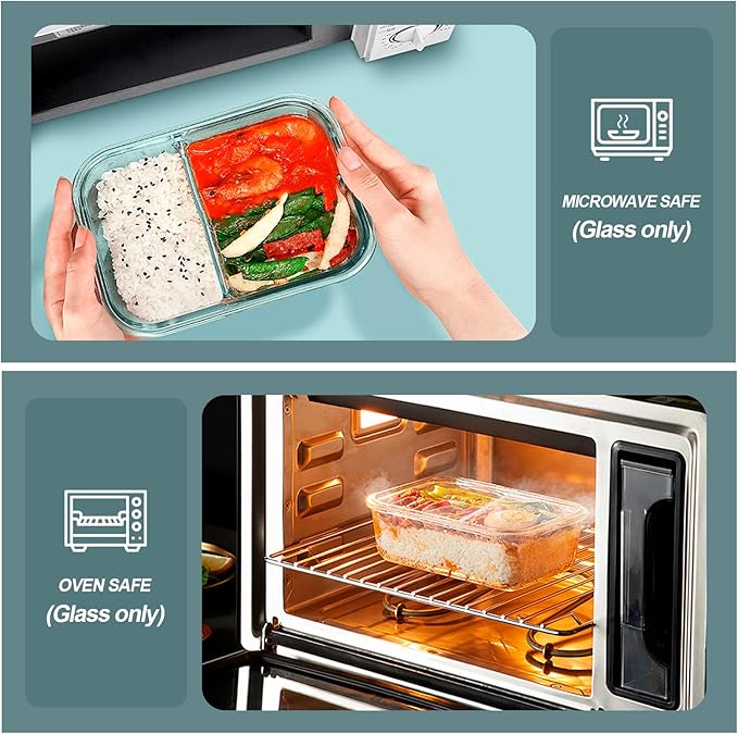 30 oz 5 Pack Glass Meal Prep Containers 2 Compartments, Glass Food Storage Containers with Lids, Airtight Glass Lunch Box, Microwave, Oven and Freezer Safe, Green
