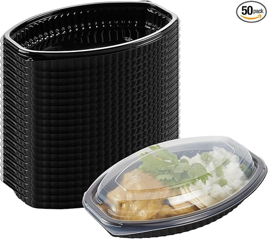 RW Base 12 Ounce Meal Prep Containers, 50 Microwavable To Go Containers With Lids - Disposable, Freezable, Black Plastic Oval Food Containers, Pack Hot And Cold Food, For Takeaway - Restaurantware