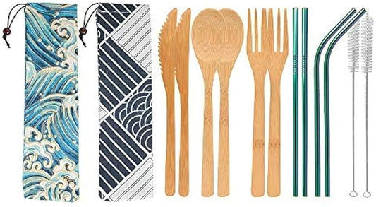 UPTRUST 2 Set Bamboo Cutlery Set Bamboo travel Utensils reusable bamboo utensils with case, 7.8 Inches Bamboo Knife, Fork, Spoon, 3 colors Metal Straw Portable Travel Set (Rainbow Straw)