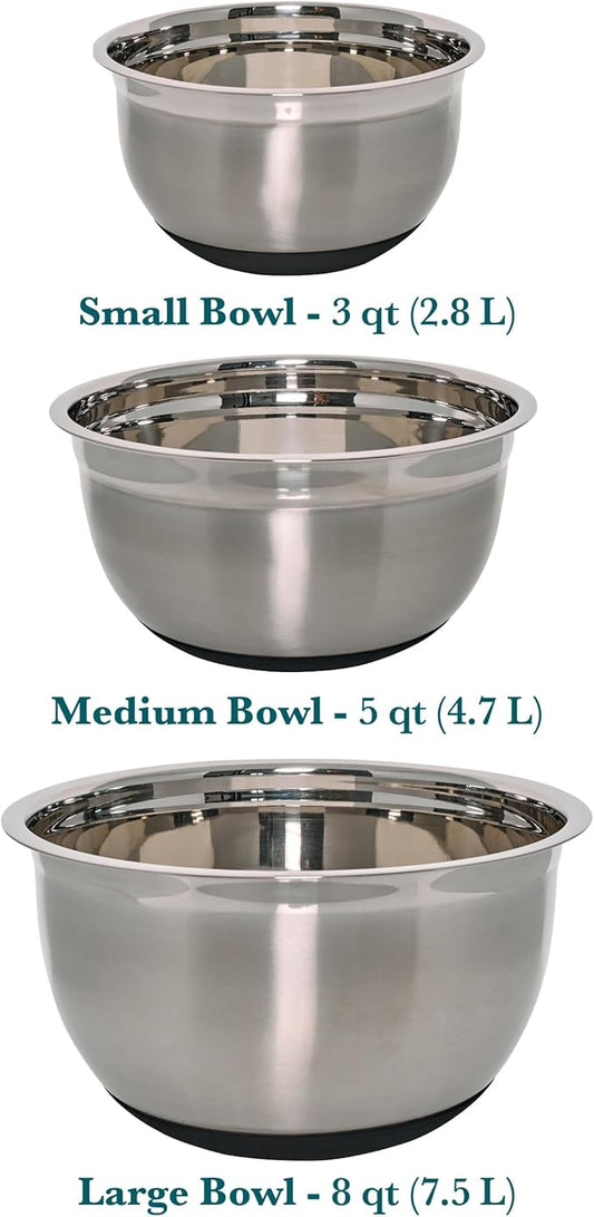 Chicago Metallic Stainless Steel Soft Base Bowls, Versatile Nesting Mixing Bowls for Every Kitchen Task, Set of 3