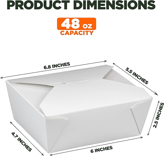 Fit Meal Prep 50 Pack 48 oz Paper Take Out Containers 6.8 x 5.5 x 2.5 - White Lunch Meal Food Boxes #8, Disposable Storage To Go Packaging, Microwave Safe, Leak Grease Resistant for Restaurant